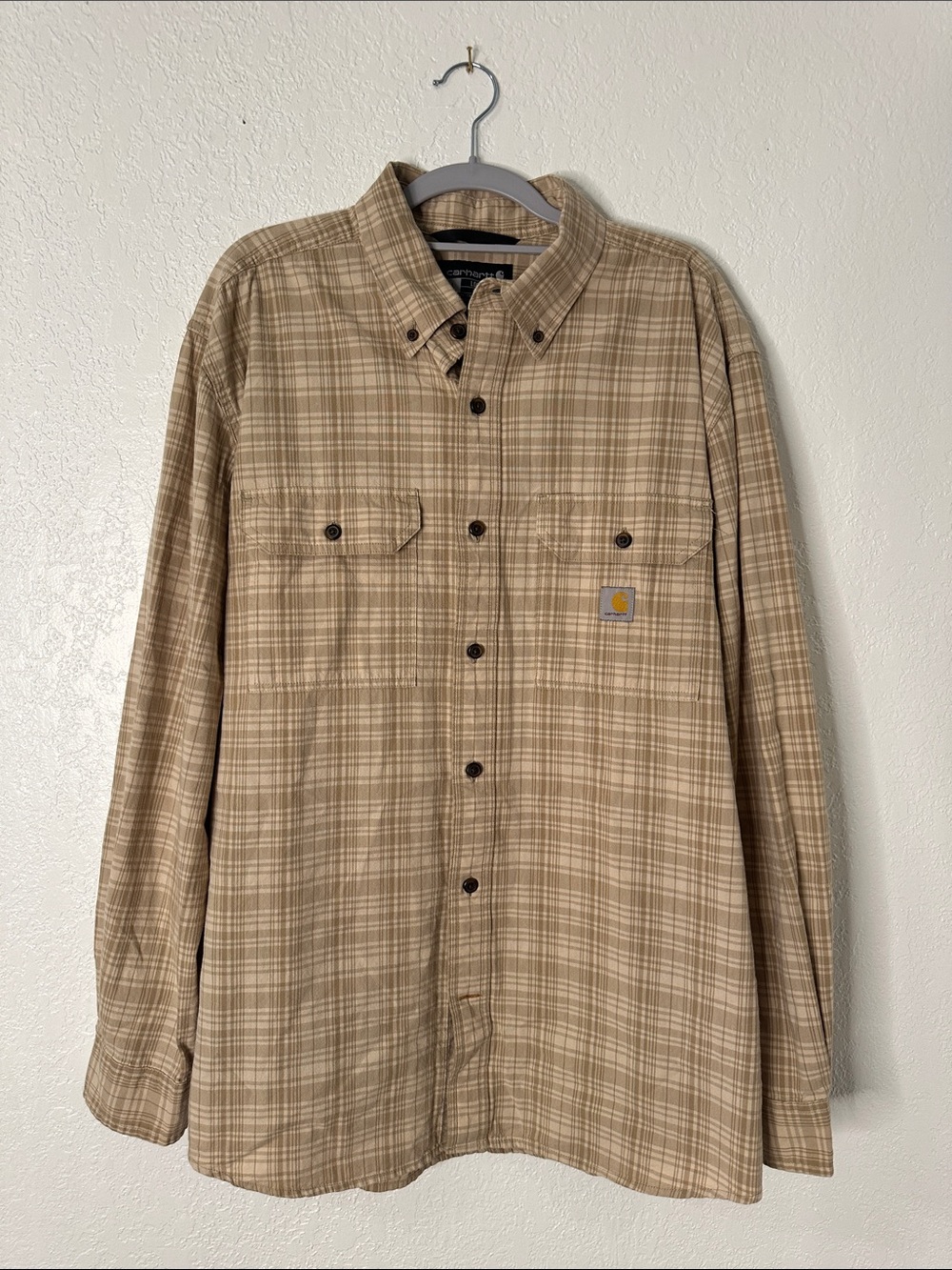 Carhartt Beige Plaid Loose-Fit Button Down Long Sleeve Shirt Size Large